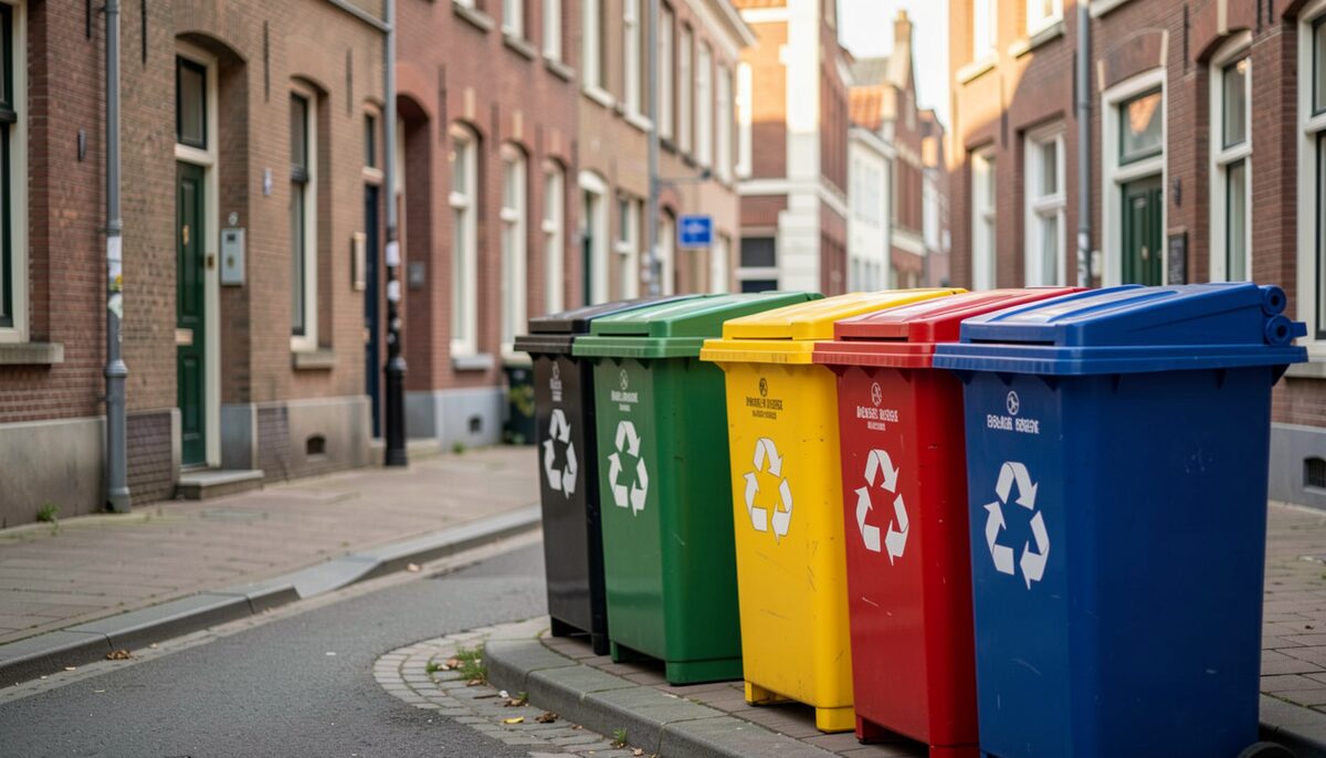 Colorful recycling bins in a Belgian street