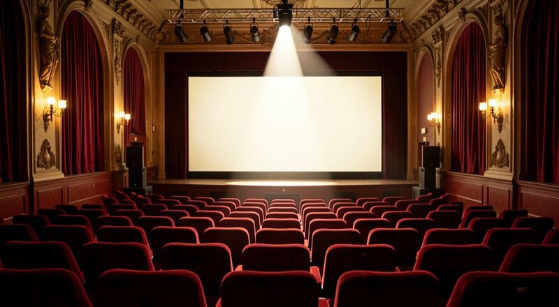 Rows of red velvet seats inside a vintage Brussels cinema, a projector beam of light overhead, empty glowing screen