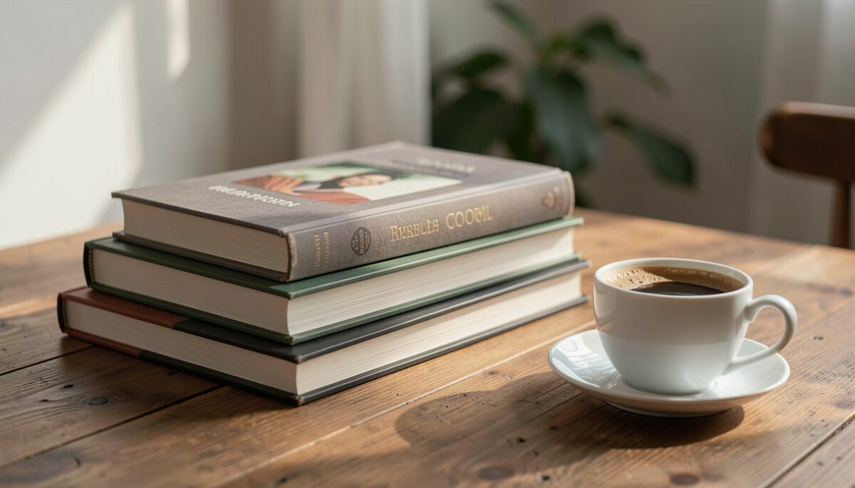 A stack of books on a wooden table with a cup of coffee
