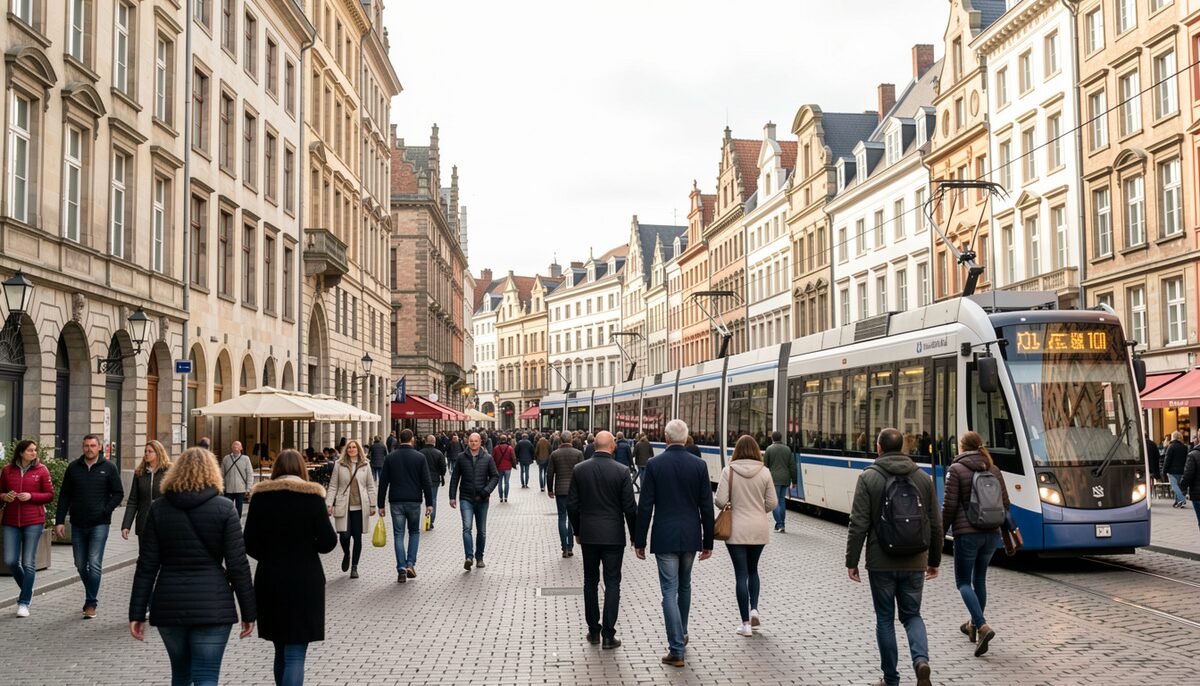 A bustling Belgian city square with diverse people walking, historic buildings and modern tram