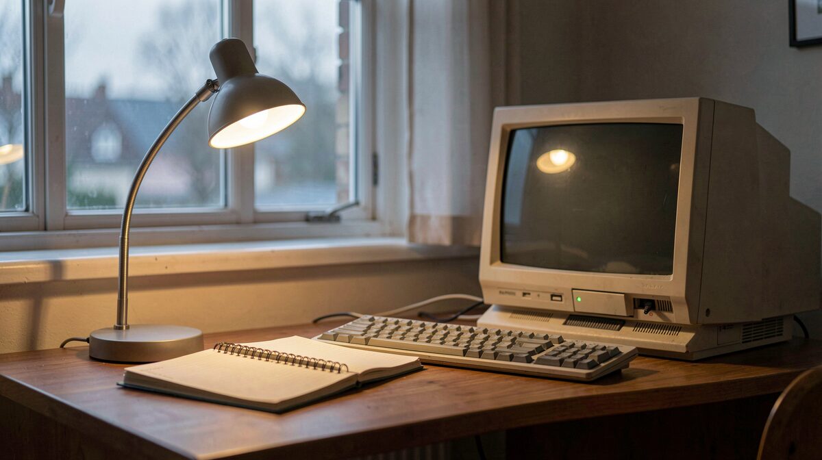 Een verlichte bureaulamp op een bureau met een notitieboek en een oude computer, avondlicht door het raam.