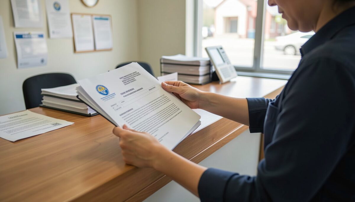 A person handing over documents at a municipal office counter