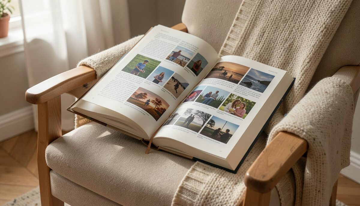 An open book with short stories on a cozy reading chair