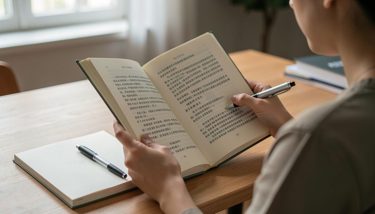 A person reading a bilingual book with a notebook and pen