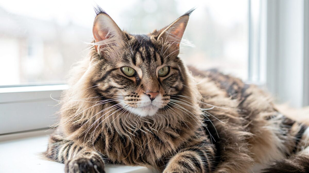 Een grote Maine Coon rust op een lichte vensterbank, zacht daglicht van opzij, close-up op de kop met vierkante snuit en oorpluimen.