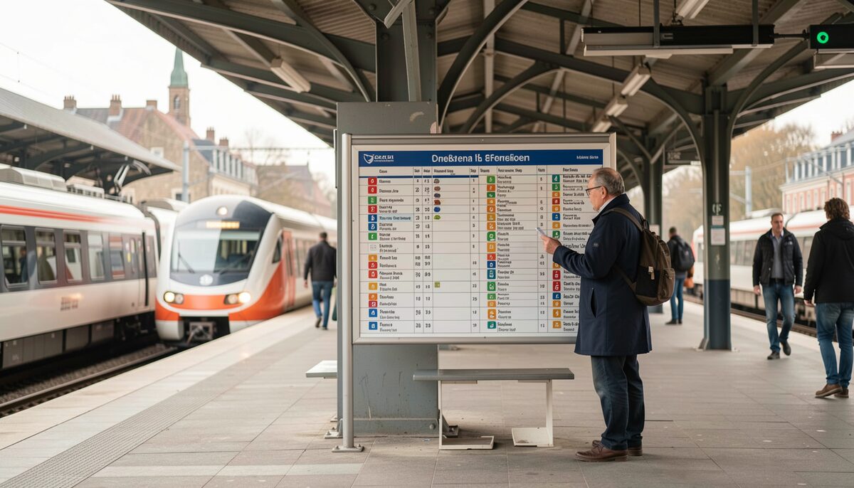 A train platform in Belgium with a passenger checking a schedule board