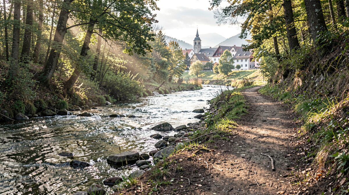 Een smal wandelpad langs de beek de Lieser, ochtendlicht door de bomen, water en stenen op de voorgrond, op de achtergrond een dorpje met kerktoren.